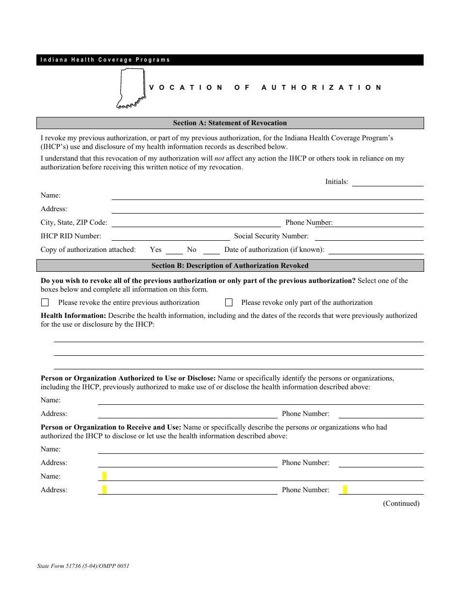 State Form 51736 (OMPP0051) Revocation of Authorization - Indiana, Page 1