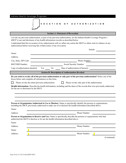 State Form 51736 (OMPP0051) Revocation of Authorization - Indiana