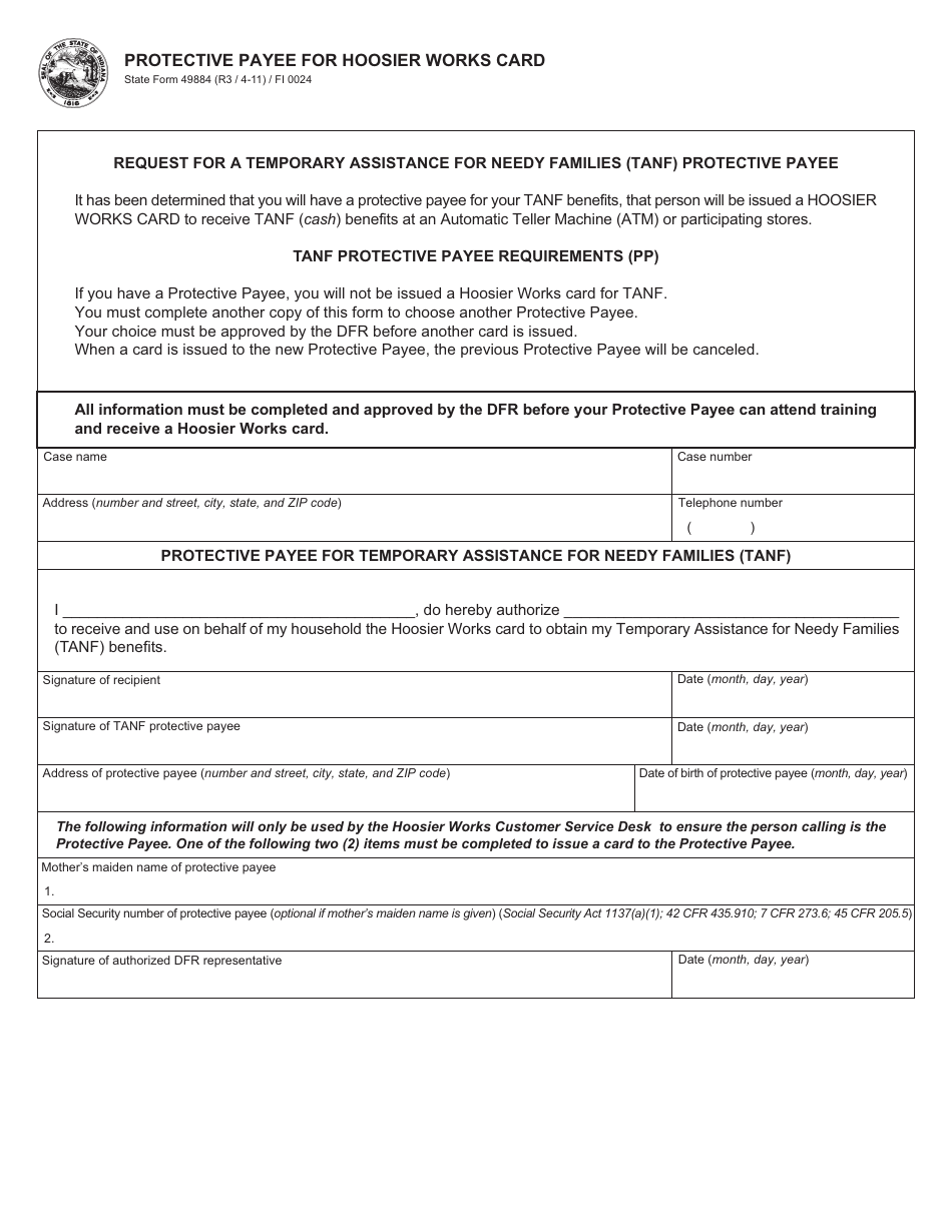 State Form 49884 Protective Payee for Hoosier Works Card - Indiana, Page 1