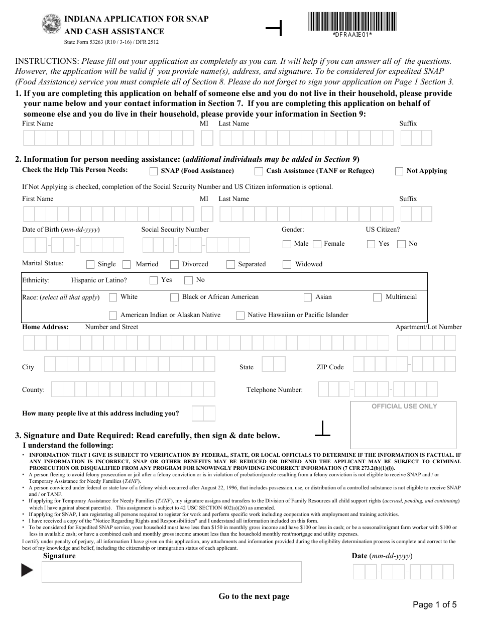 State Form 53263 (DFR2512) Indiana Application for Snap and Cash Assistance - Indiana, Page 1