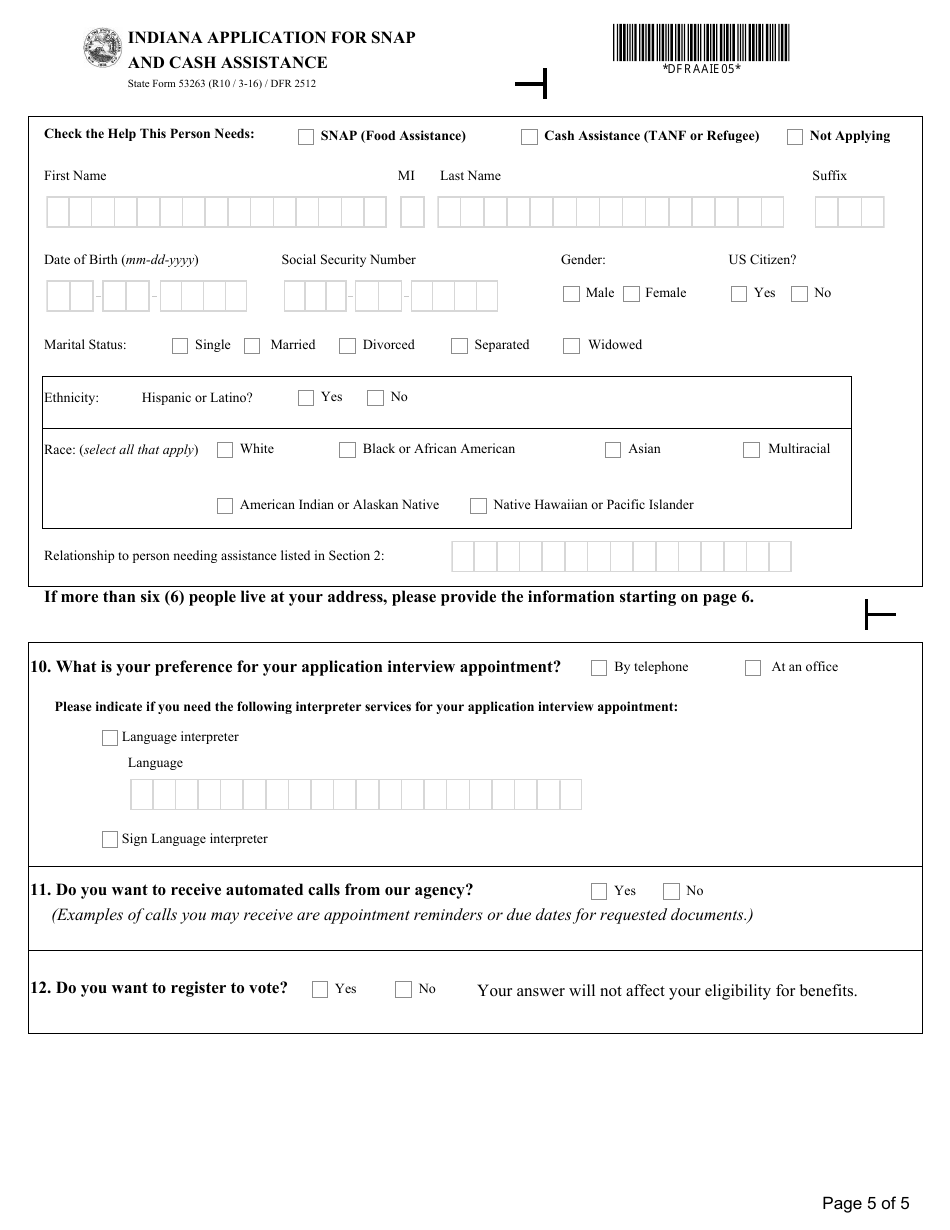 State Form 53263 (DFR2512) Indiana Application for Snap and Cash Assistance - Indiana, Page 5