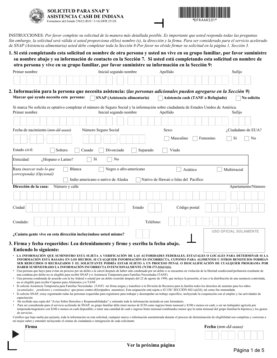 Formulario del Estado 53622 (DFR2512S) Solicitud Para Snap Y Asistencia Cash - Indiana (Spanish), Page 1