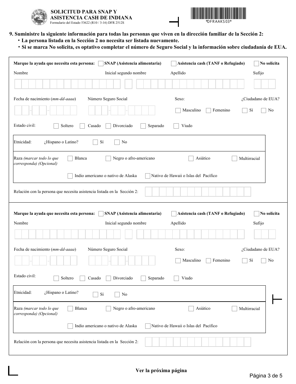 Formulario del Estado 53622 (DFR2512S) Solicitud Para Snap Y Asistencia Cash - Indiana (Spanish), Page 3