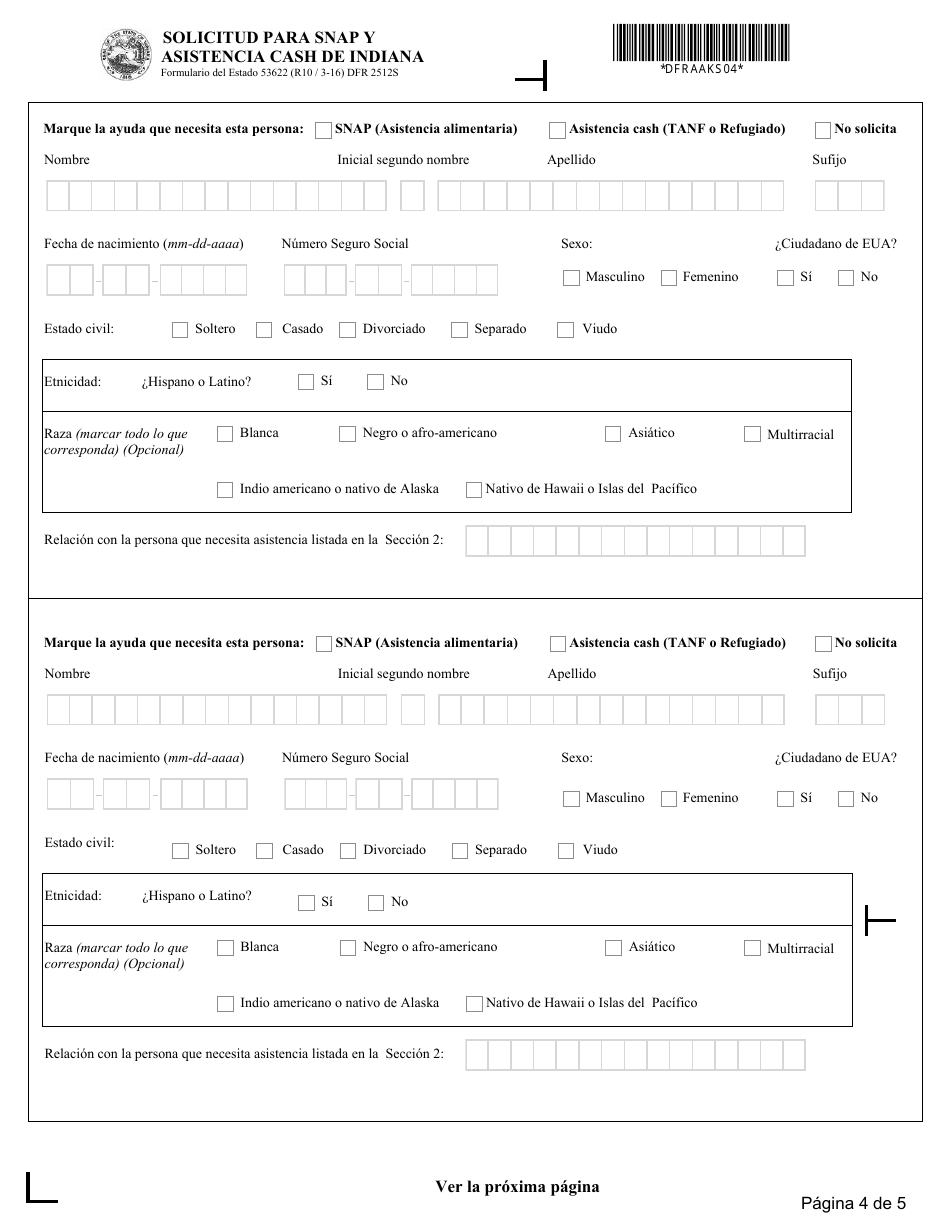 Formulario del Estado 53622 (DFR2512S) Solicitud Para Snap Y Asistencia Cash - Indiana (Spanish), Page 4