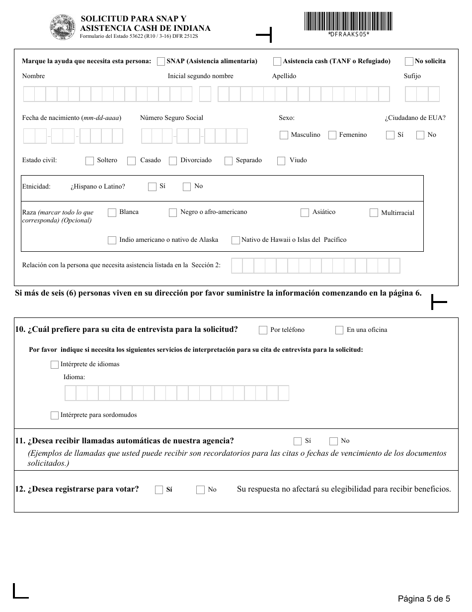 Formulario del Estado 53622 (DFR2512S) Solicitud Para Snap Y Asistencia Cash - Indiana (Spanish), Page 5