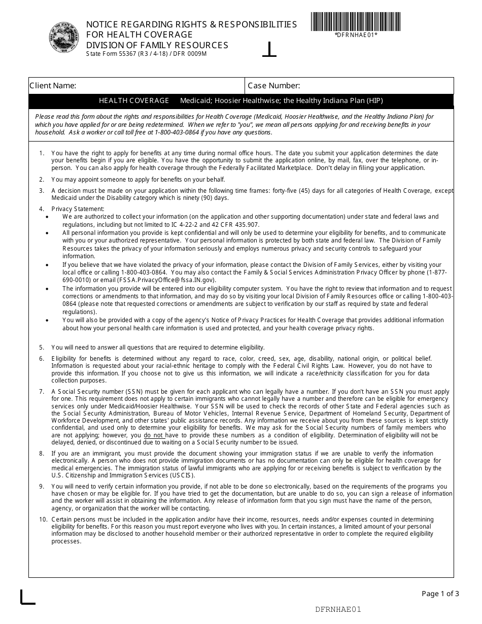 State Form 55367 (DFR0009M) Notice Regarding Rights  Responsibilities for Health Coverage - Indiana, Page 1