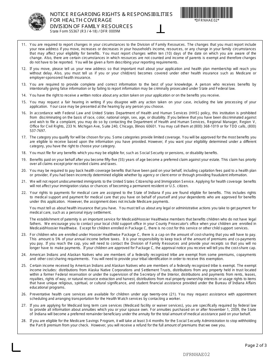 State Form 55367 (DFR0009M) Notice Regarding Rights  Responsibilities for Health Coverage - Indiana, Page 2