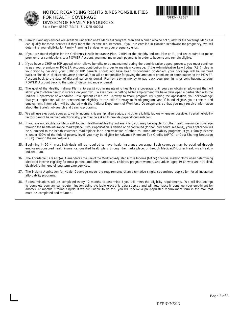 State Form 55367 (DFR0009M) Notice Regarding Rights  Responsibilities for Health Coverage - Indiana, Page 3