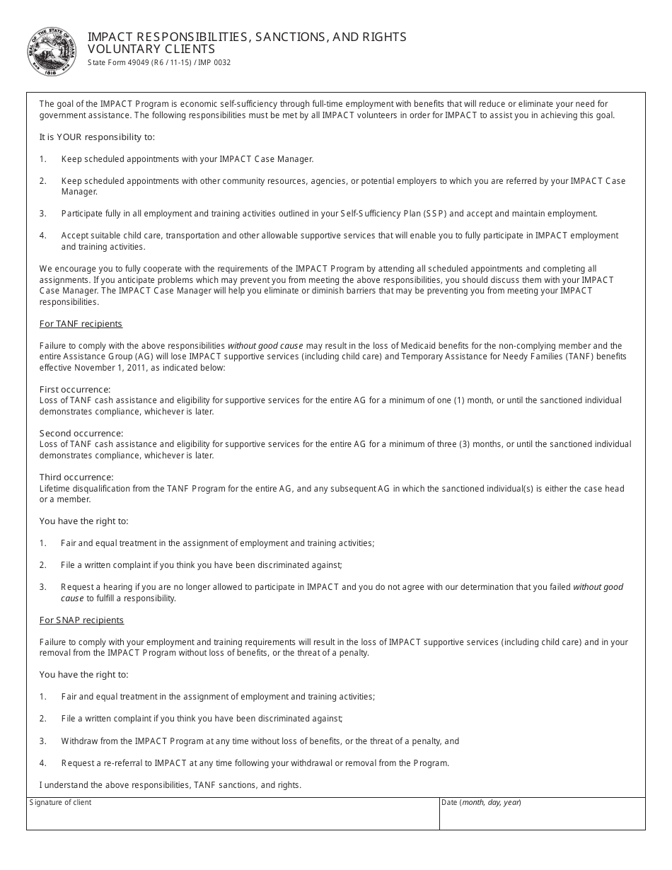 State Form 49049 (IMP0032) Impact Responsibilities, Sanctions, and Rights Voluntary Clients - Indiana, Page 1
