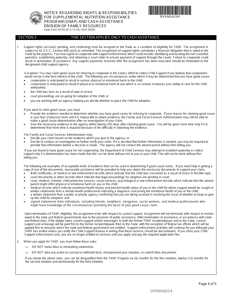 State Form 54105 (DFR0009C) Notice Regarding Rights and Responsibilities for Supplemental Nutrition Assistance Program (Snap) and Cash Assistance - Indiana, Page 4
