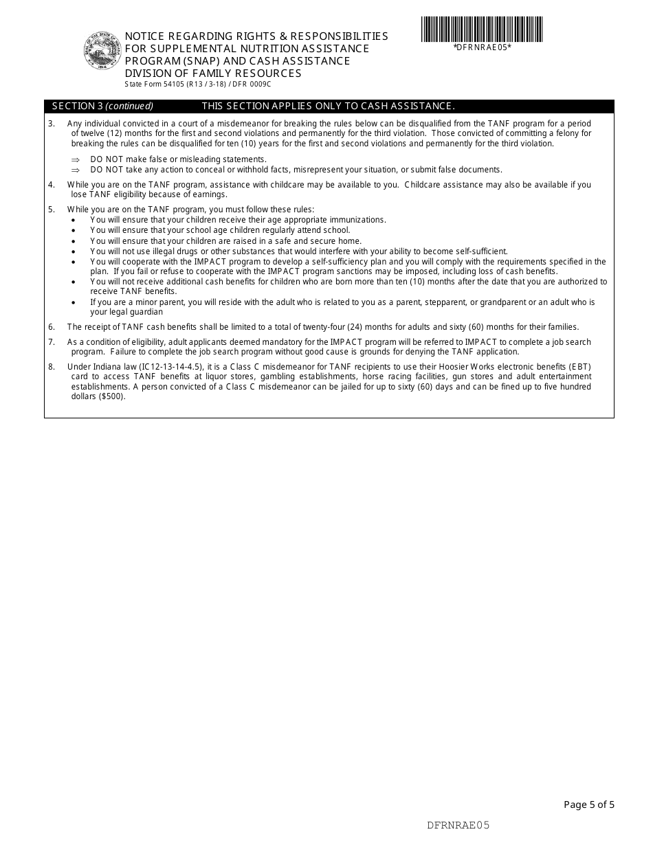 State Form 54105 (DFR0009C) Notice Regarding Rights and Responsibilities for Supplemental Nutrition Assistance Program (Snap) and Cash Assistance - Indiana, Page 5