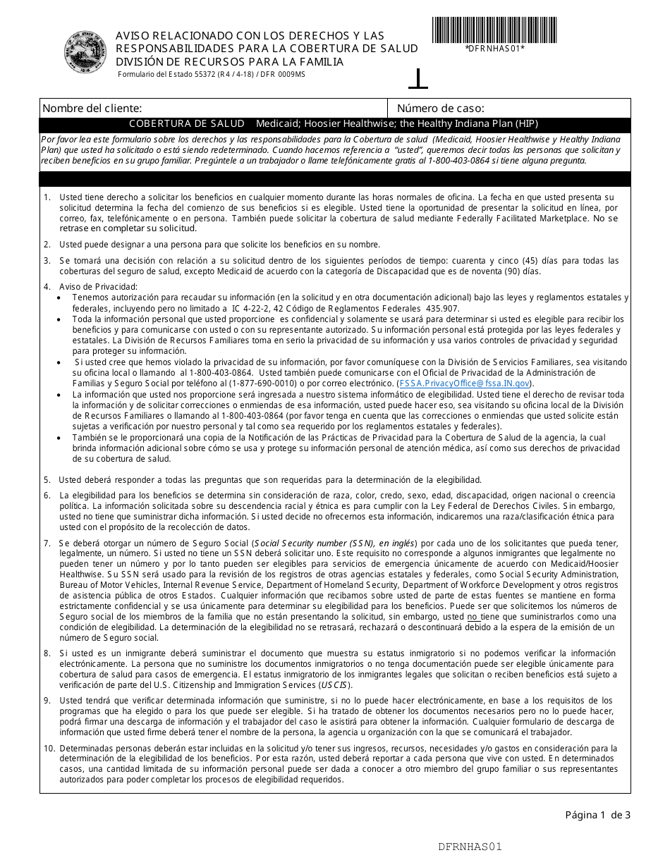 Formulario del Estado 55372 (DFR0009MS) Aviso Relacionado Con Los Derechos Y Las Responsabilidades Para La Cobertura De Salud - Indiana (Spanish), Page 1