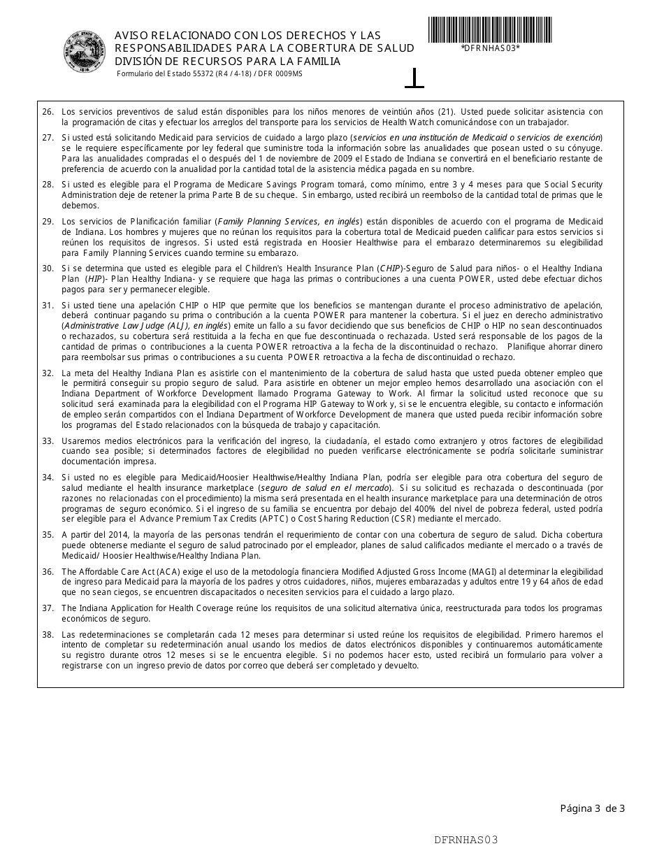 Formulario del Estado 55372 (DFR0009MS) Aviso Relacionado Con Los Derechos Y Las Responsabilidades Para La Cobertura De Salud - Indiana (Spanish), Page 3