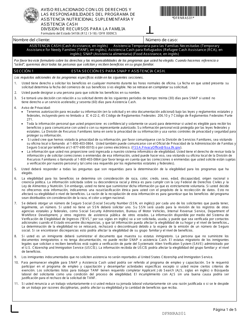 Formulario del Estado 54106 (DFR0009CS) Aviso Relacionado Con Los Derechos Y Las Responsabilidades Del Programa De Asistencia Nutricional Suplementaria Y Asistencia Cash - Indiana (Spanish), Page 1
