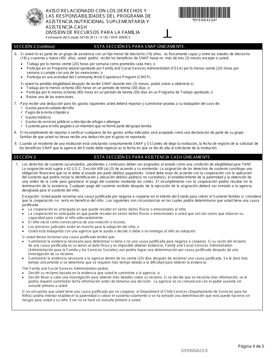 Formulario del Estado 54106 (DFR0009CS) Aviso Relacionado Con Los Derechos Y Las Responsabilidades Del Programa De Asistencia Nutricional Suplementaria Y Asistencia Cash - Indiana (Spanish), Page 4