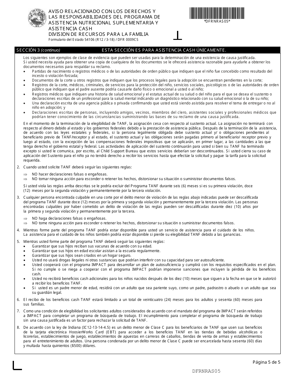 Formulario del Estado 54106 (DFR0009CS) Aviso Relacionado Con Los Derechos Y Las Responsabilidades Del Programa De Asistencia Nutricional Suplementaria Y Asistencia Cash - Indiana (Spanish), Page 5