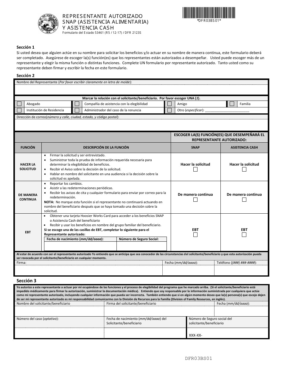 Formulario del Estado 53461 (DFR2123S) Representante Autorizado SNAP (Asistencia Alimentaria) Y Asistencia Cash - Indiana (Spanish), Page 1