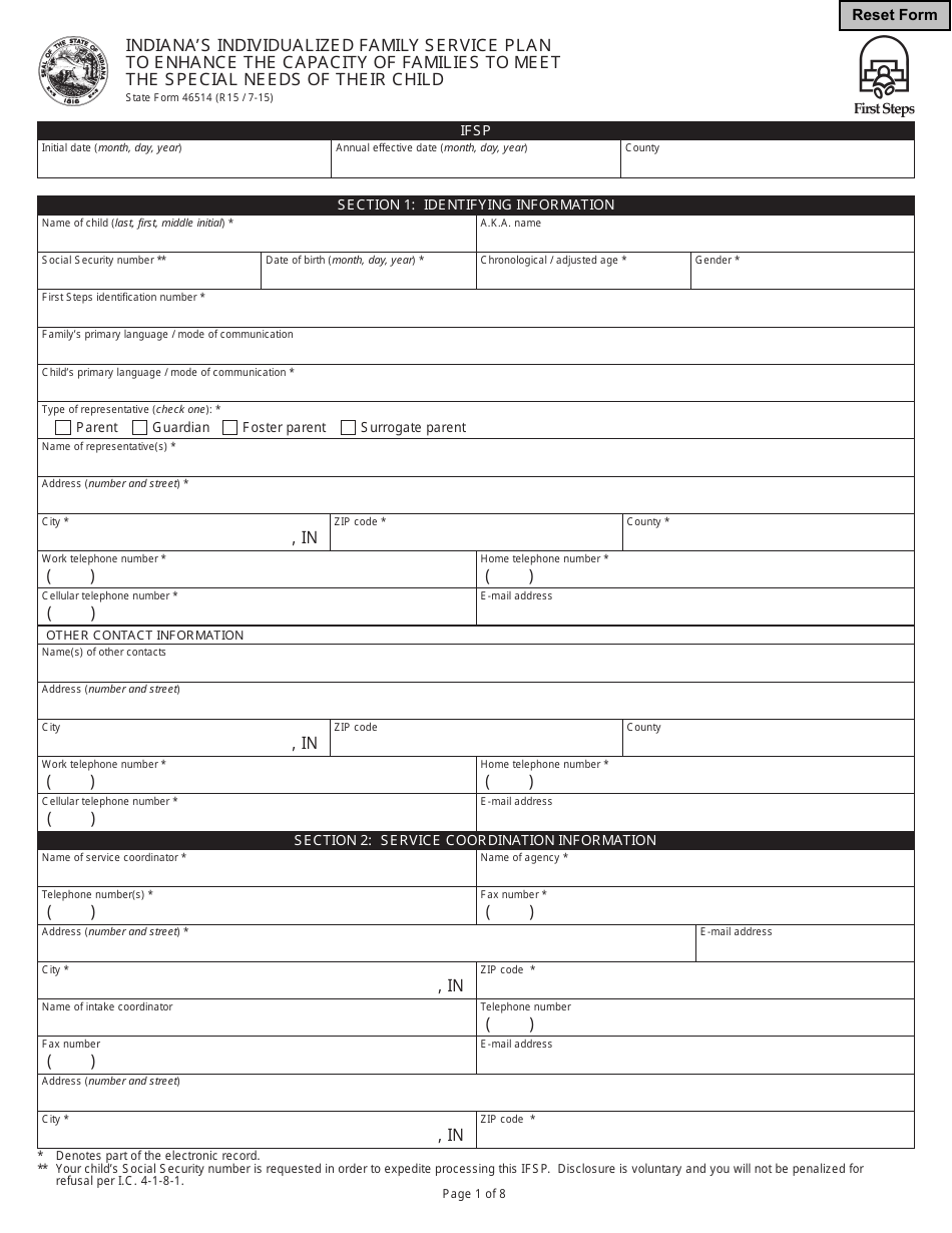 State Form 46514 Indianas Individualized Family Service Plan to Enhance the Capacity of Families to Meet the Special Needs of Their Children - Indiana, Page 1
