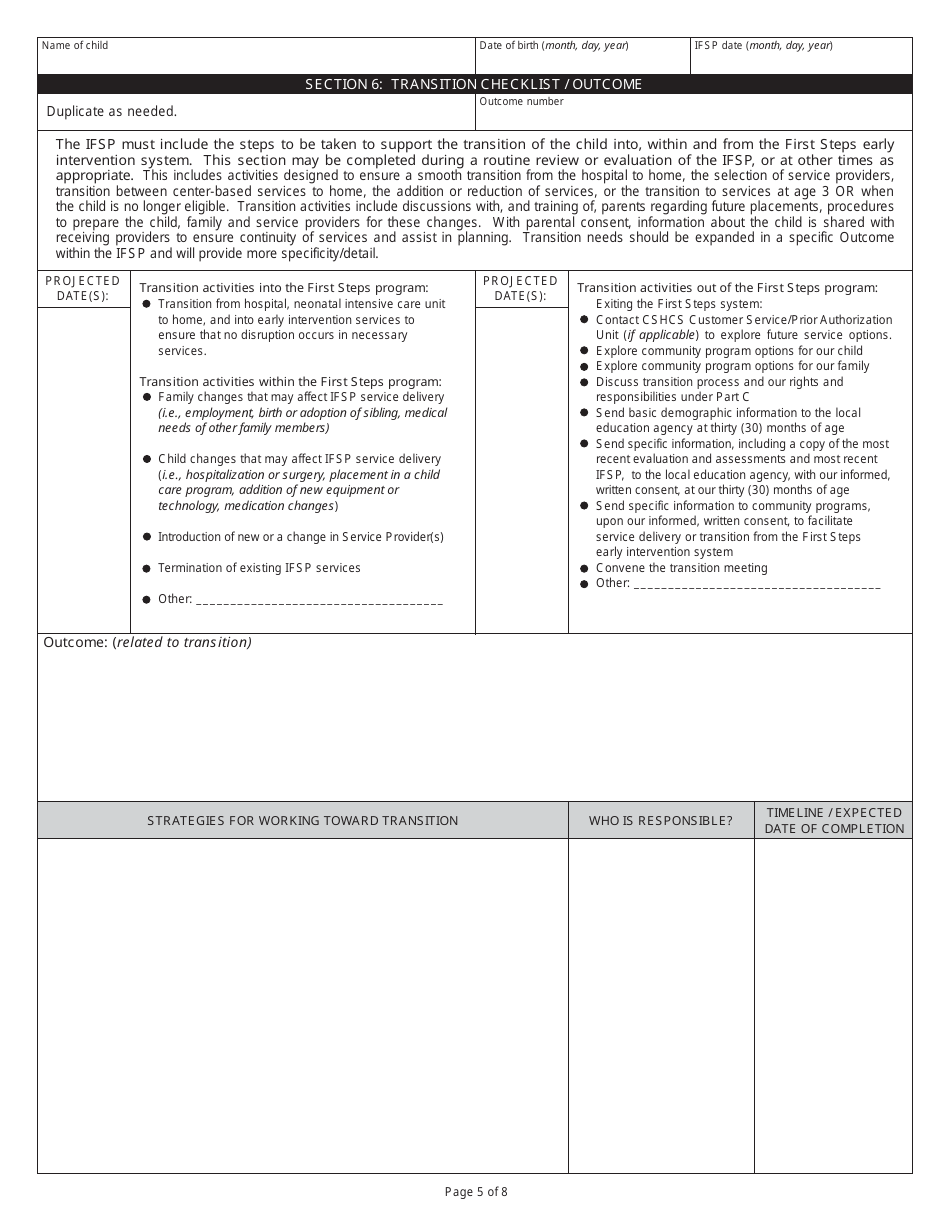 State Form 46514 Indianas Individualized Family Service Plan to Enhance the Capacity of Families to Meet the Special Needs of Their Children - Indiana, Page 5