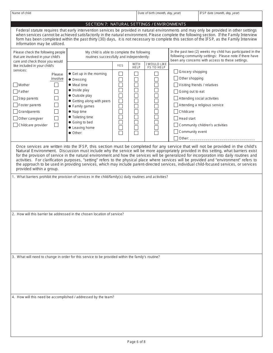 State Form 46514 Indianas Individualized Family Service Plan to Enhance the Capacity of Families to Meet the Special Needs of Their Children - Indiana, Page 6