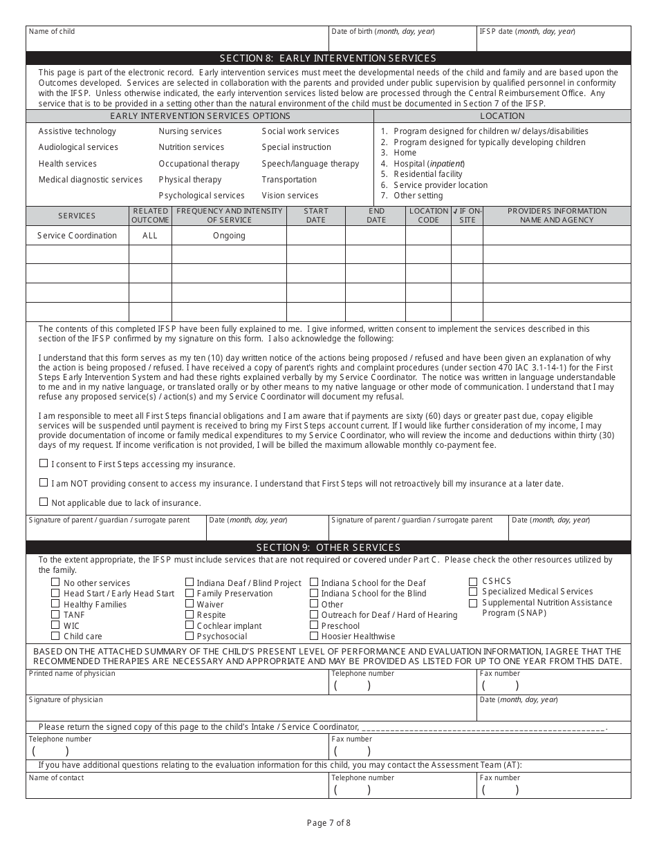 State Form 46514 Indianas Individualized Family Service Plan to Enhance the Capacity of Families to Meet the Special Needs of Their Children - Indiana, Page 7