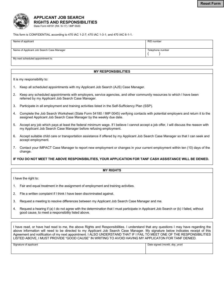 State Form 48191 (IMP0020) Applicant Job Search Rights and Responsibilities - Indiana, Page 1