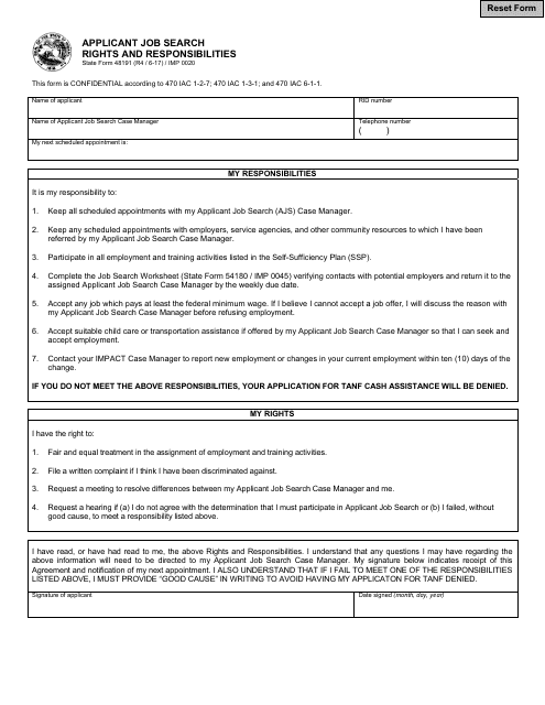 State Form 48191 (IMP0020) Applicant Job Search Rights and Responsibilities - Indiana