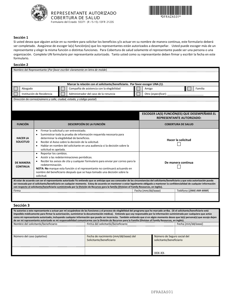 Formulario del Estado 55371 (DFR2123S) Representante Autorizado Cobertura De Salud - Indiana (Spanish), Page 1