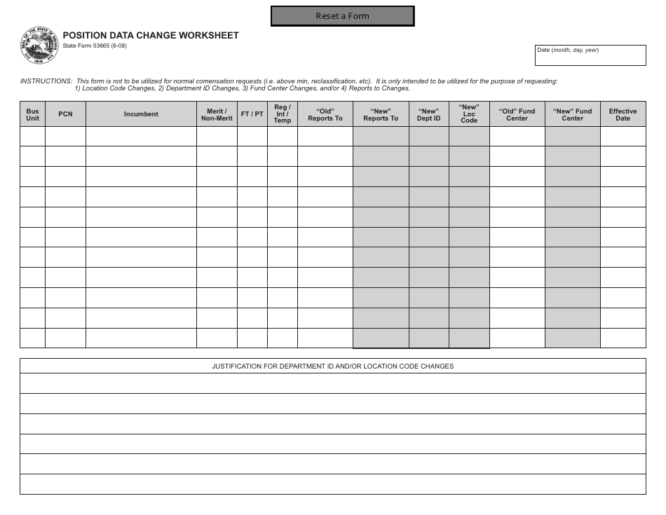 State Form 53665 Position Data Change Worksheet - Indiana, Page 1