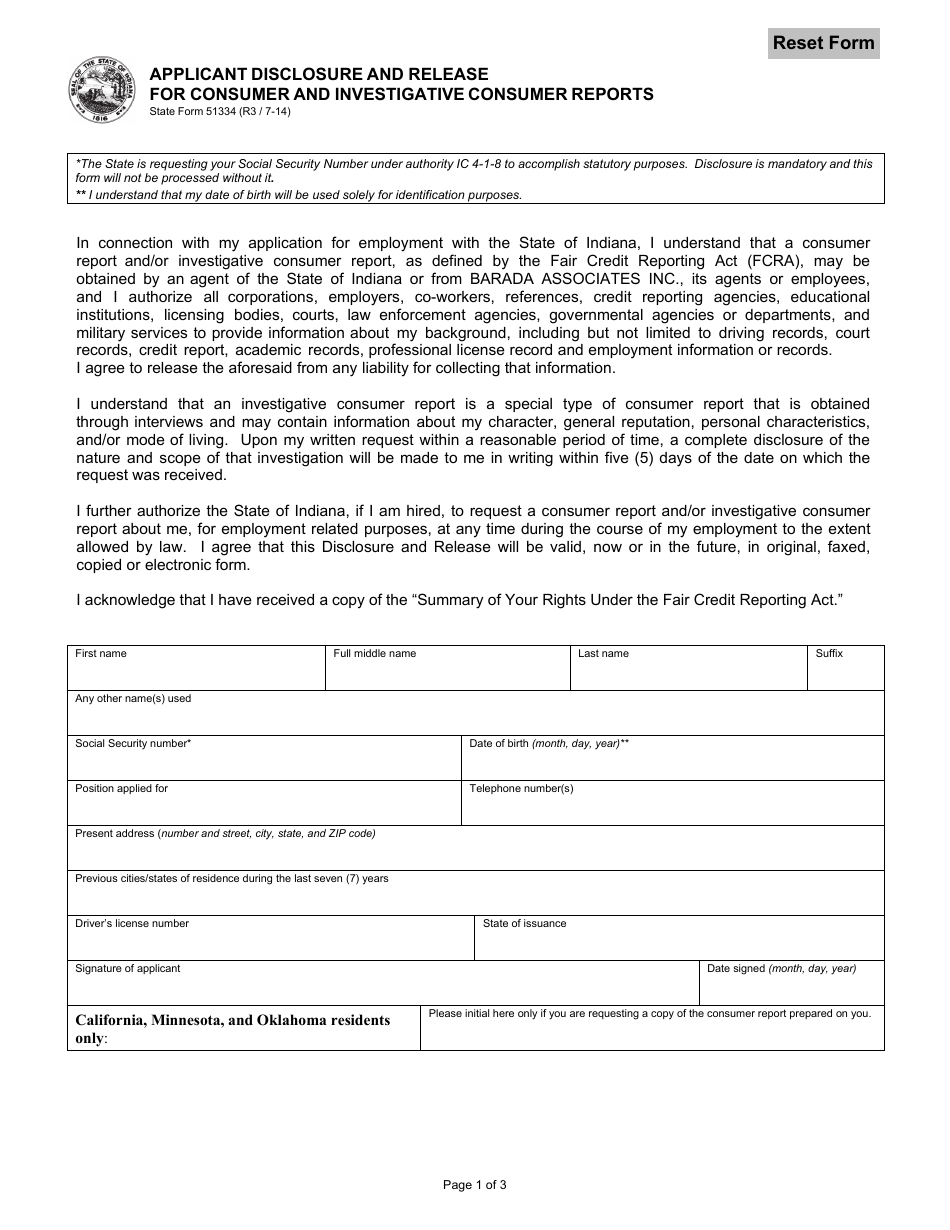 State Form 51334 Applicant Disclosure and Release for Consumer and Investigative Consumer Reports - Indiana, Page 1