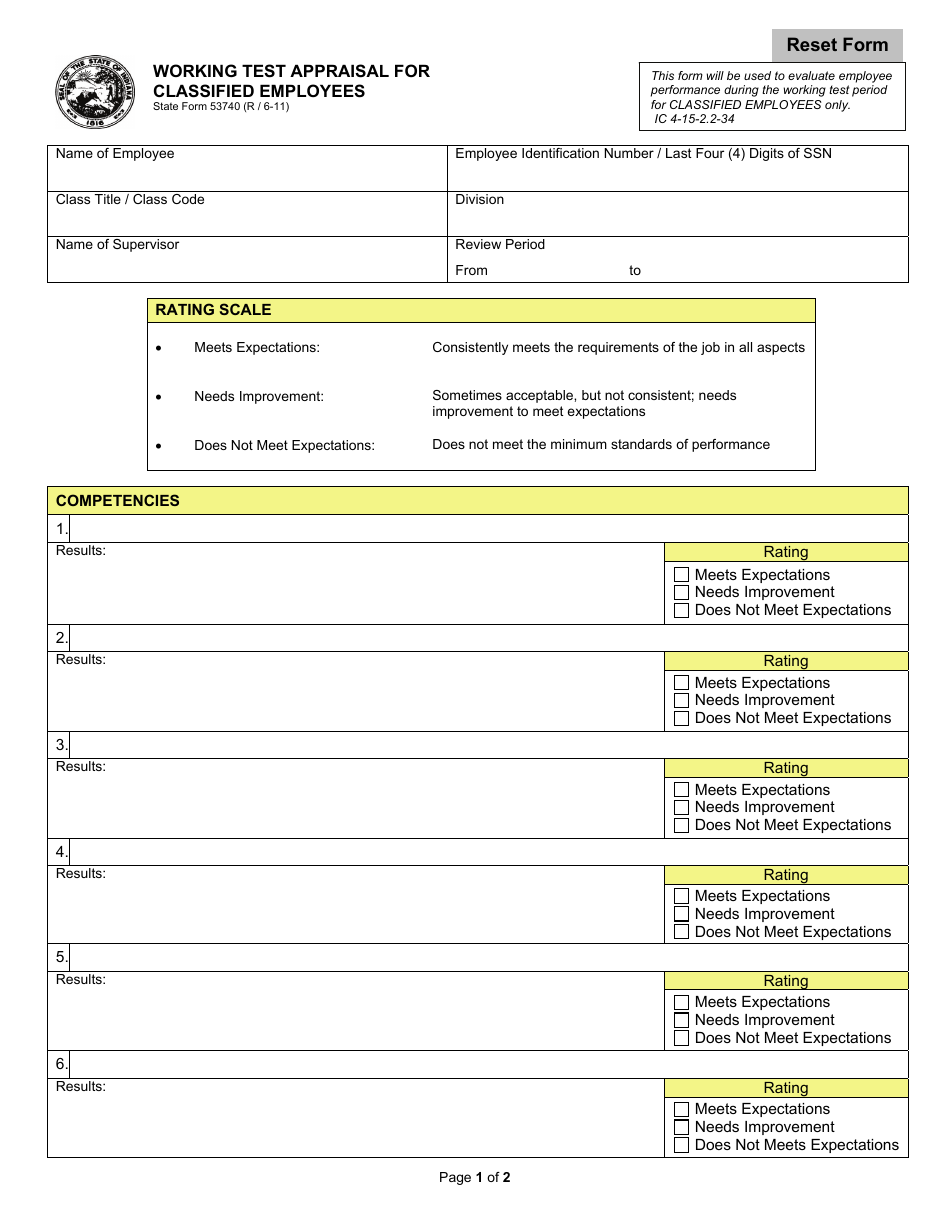 State Form 53740 Working Test Appraisal for Classified Employees - Indiana, Page 1