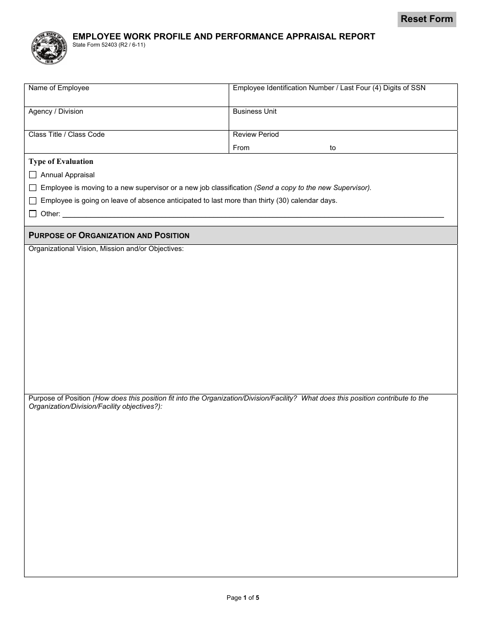 State Form 52403 Employee Work Profile and Performance Appraisal Report - Indiana, Page 1