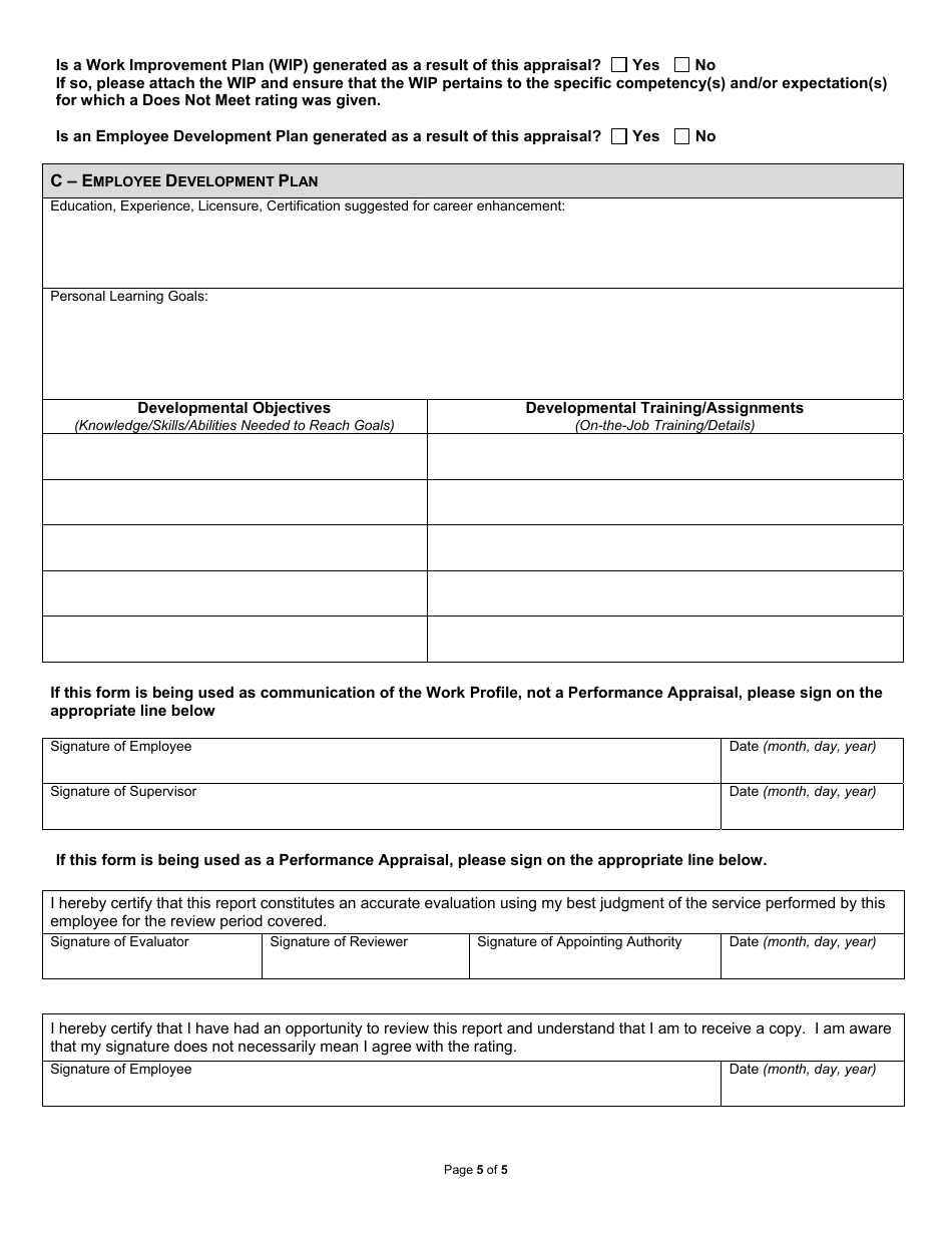 State Form 52403 Employee Work Profile and Performance Appraisal Report - Indiana, Page 5