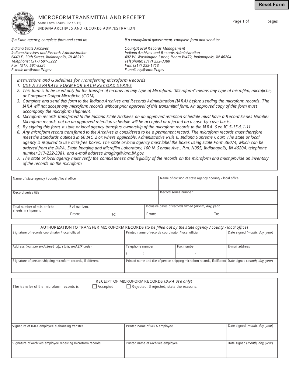 State Form 52408 Microform Transmittal and Receipt - Indiana, Page 1