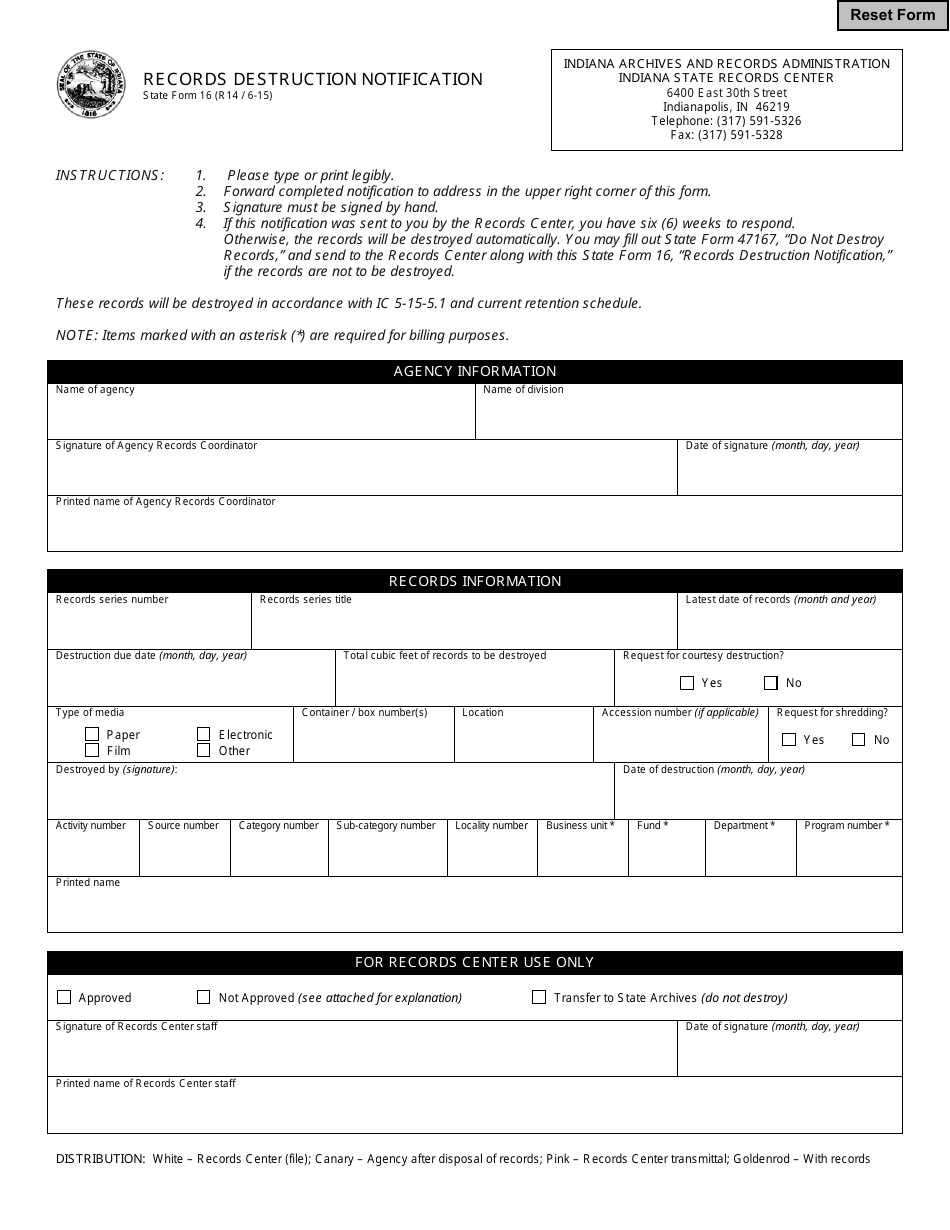 State Form 16 Records Destruction Notification - Indiana, Page 1
