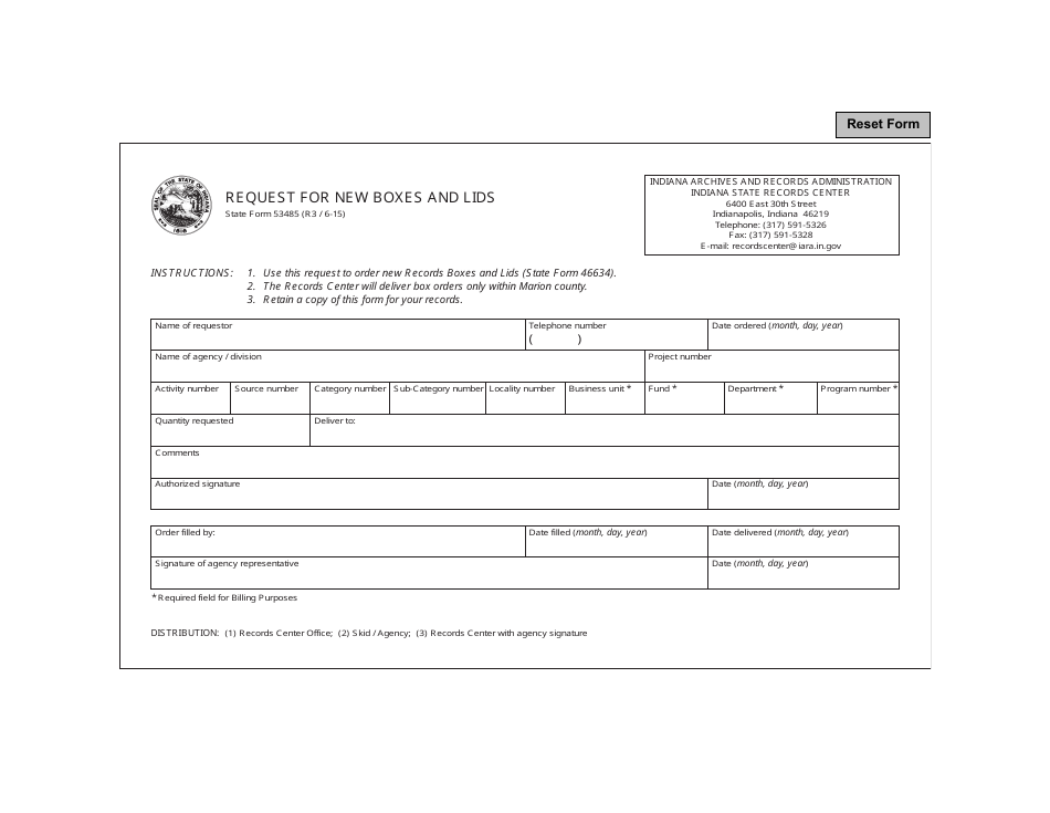 State Form 53485 Request for New Boxes and Lids - Indiana, Page 1