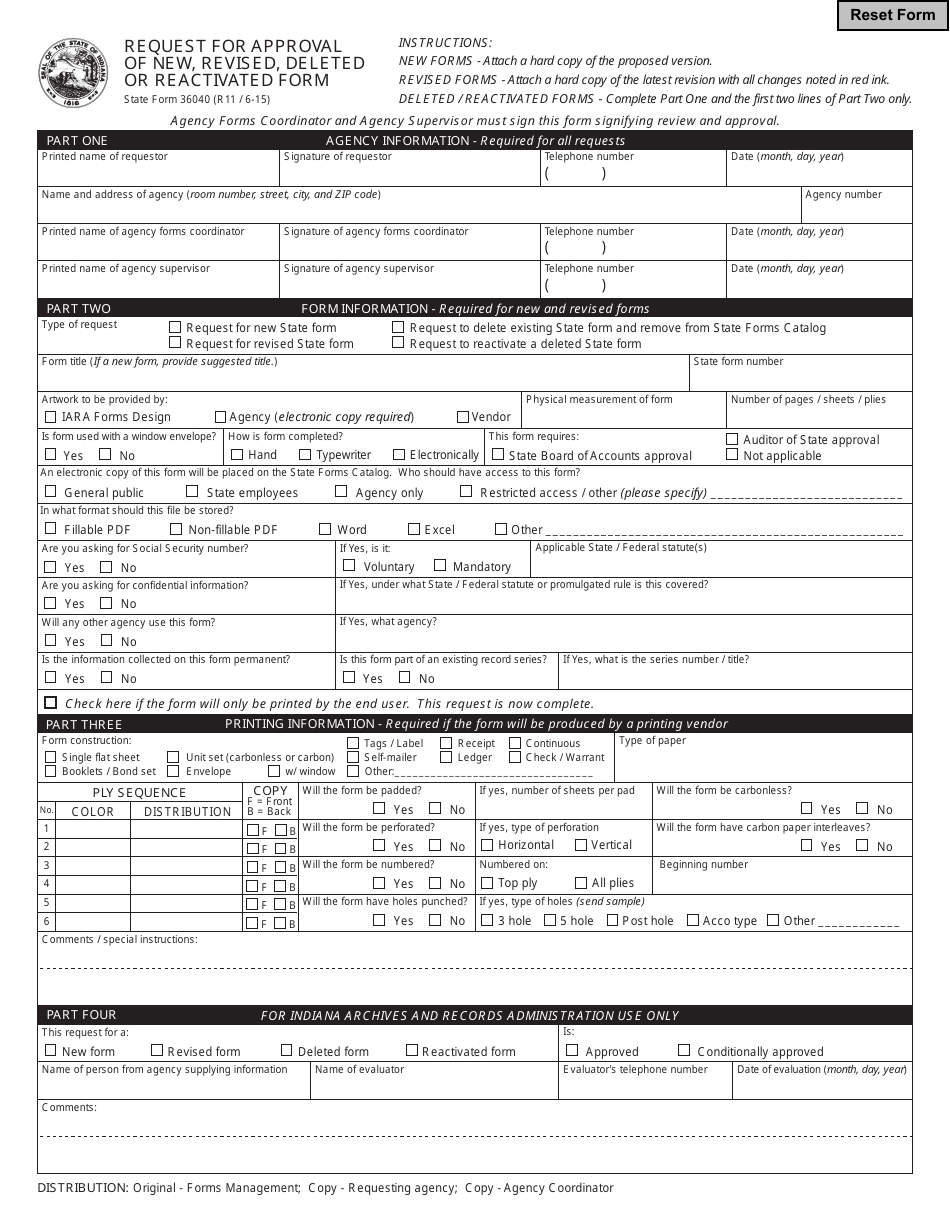 State Form 36040 Request for Approval of New, Revised, Deleted or Reactivated Form - Indiana, Page 1