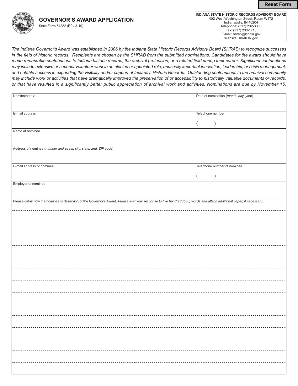 State Form 54222 Governors Award Application - Indiana, Page 1