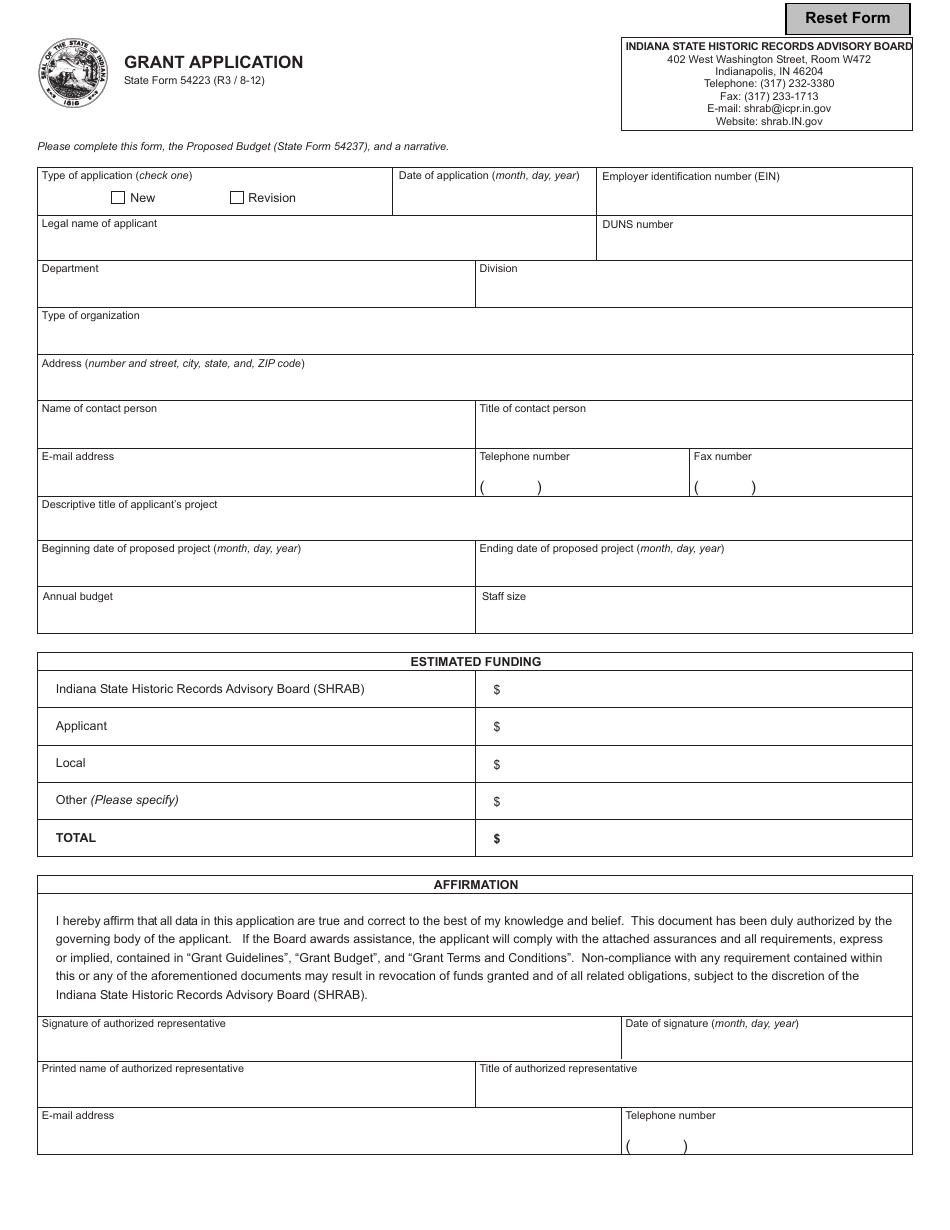 State Form 54223 Grant Application - Indiana, Page 1