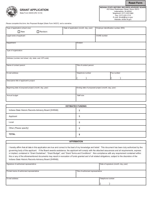 State Form 54223 Grant Application - Indiana