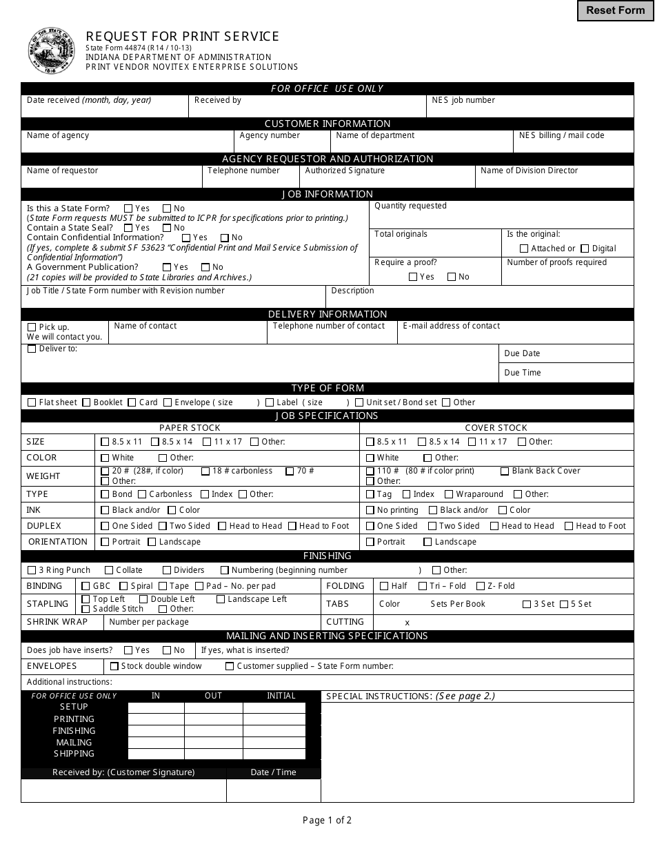 State Form 44874 Request for Print Service - Indiana, Page 1