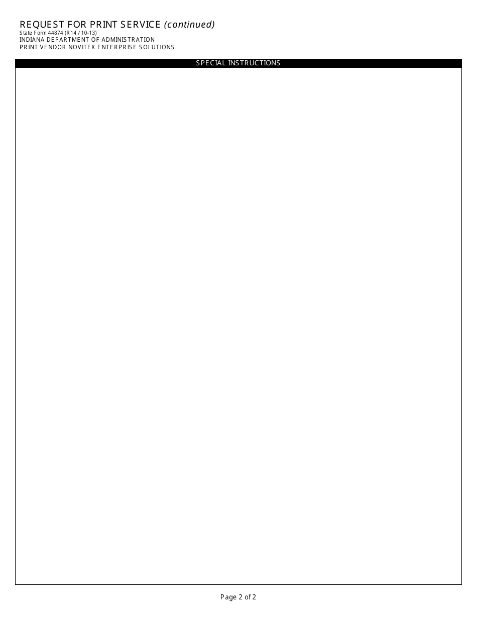 State Form 44874 Request for Print Service - Indiana, Page 2