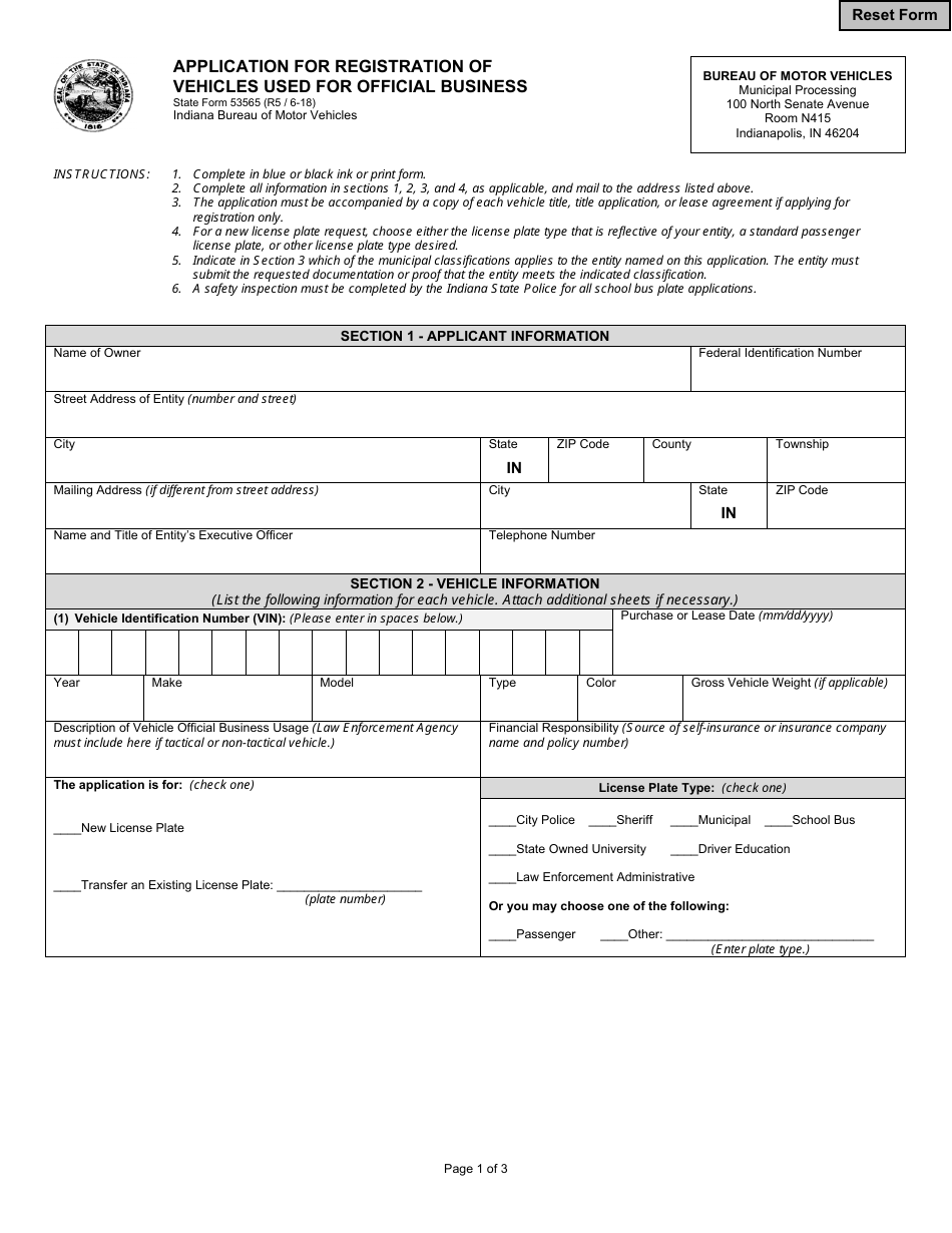 State Form 53565 Application for Registration of Vehicles Used for Official Business - Indiana, Page 1