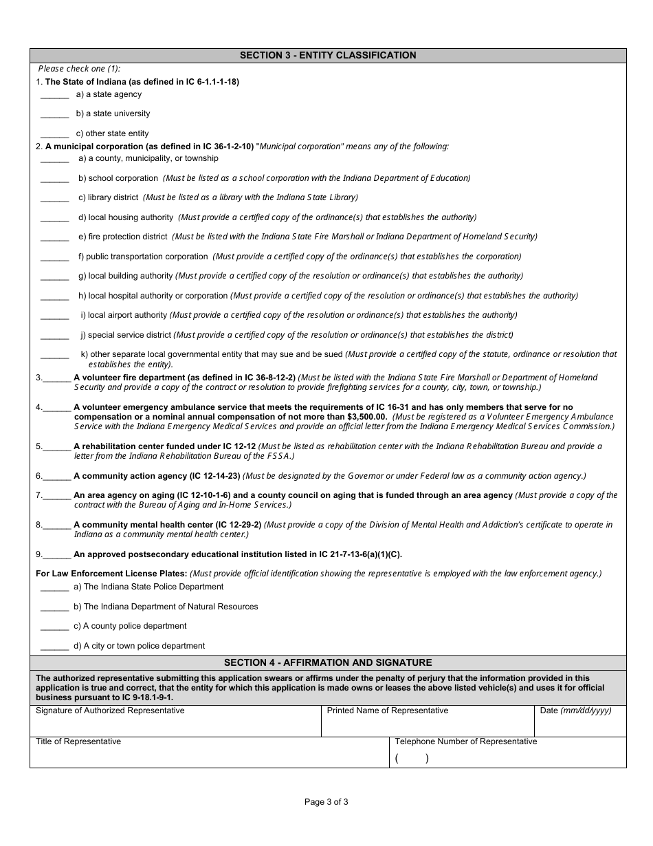 State Form 53565 Application for Registration of Vehicles Used for Official Business - Indiana, Page 3