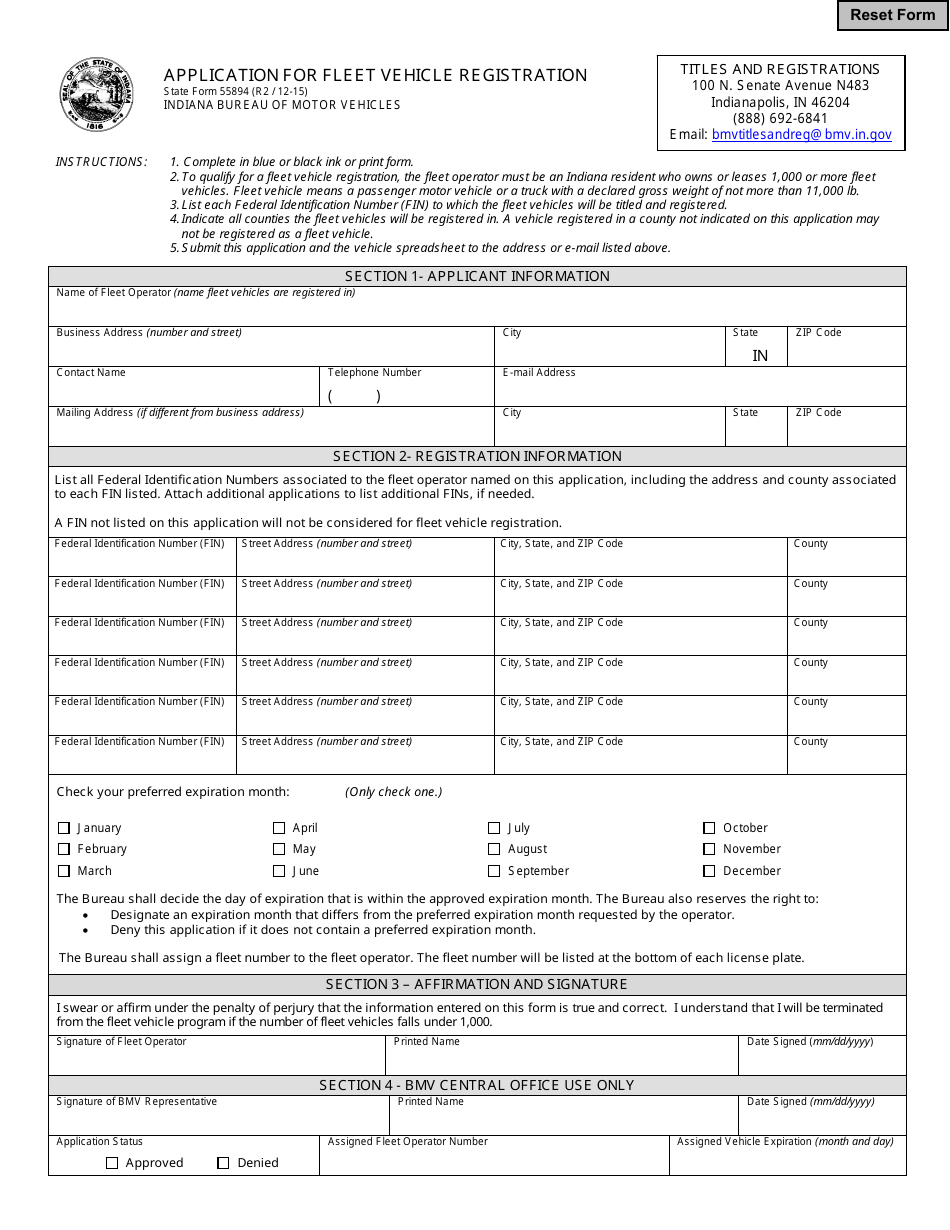 State Form 55894 Application for Fleet Vehicle Registration - Indiana, Page 1