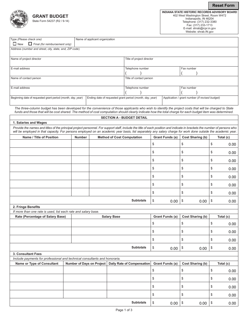 State Form 54237 Grant Budget - Indiana, Page 1