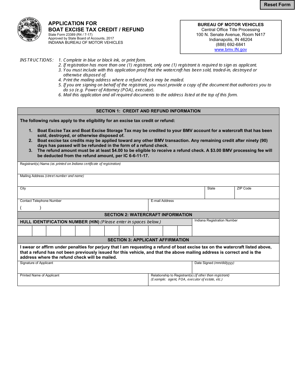 State Form 23389 Application for Boat Excise Tax Credit / Refund - Indiana, Page 1