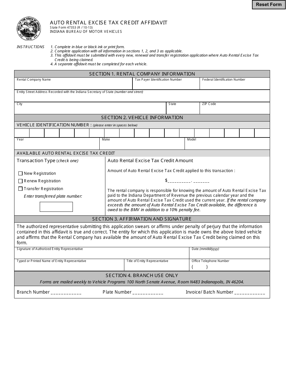 State Form 47353 Auto Rental Excise Tax Credit Affidavit - Indiana, Page 1