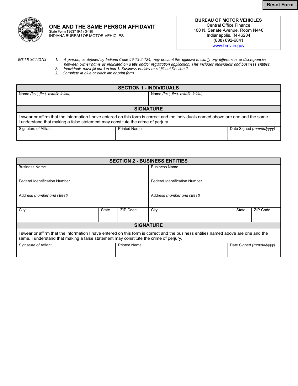 State Form 13637 One and the Same Person Affidavit - Indiana, Page 1