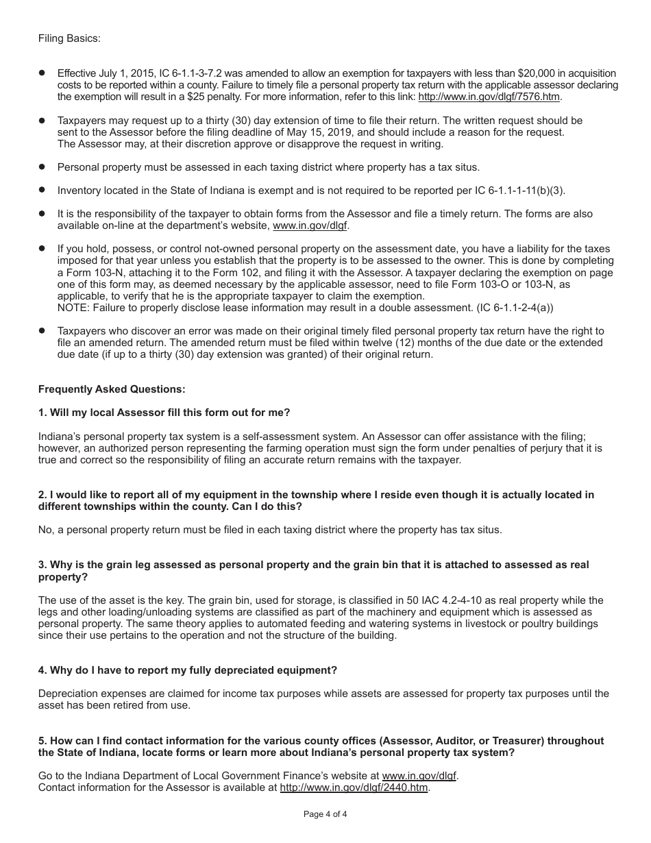 State Form 50006 (102) Farmers Tangible Personal Property Assessment Return - Indiana, Page 4